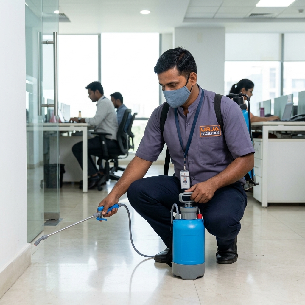 Commercial and industrial pest control technician in branded #606581 bandhgala uniform using specialized equipment, Urja Facility Indore